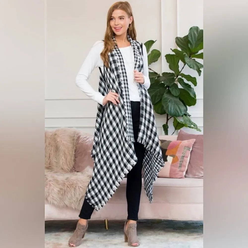 Styline BLACK WHITE REVERSIBLE PLAID VEST KIMONO One size